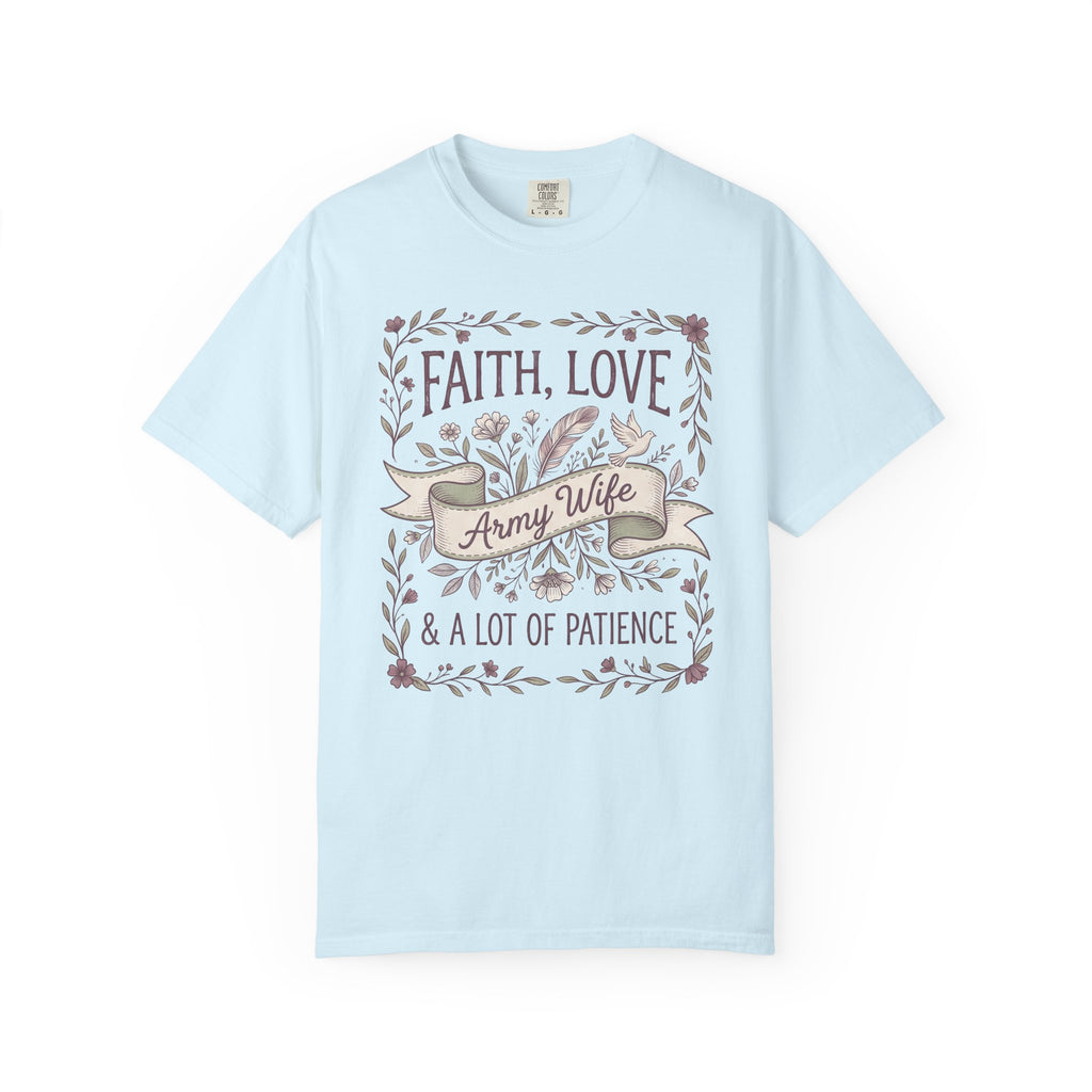 Light blue crewneck T-shirt with floral "Faith Love & A Lot of Patience" print