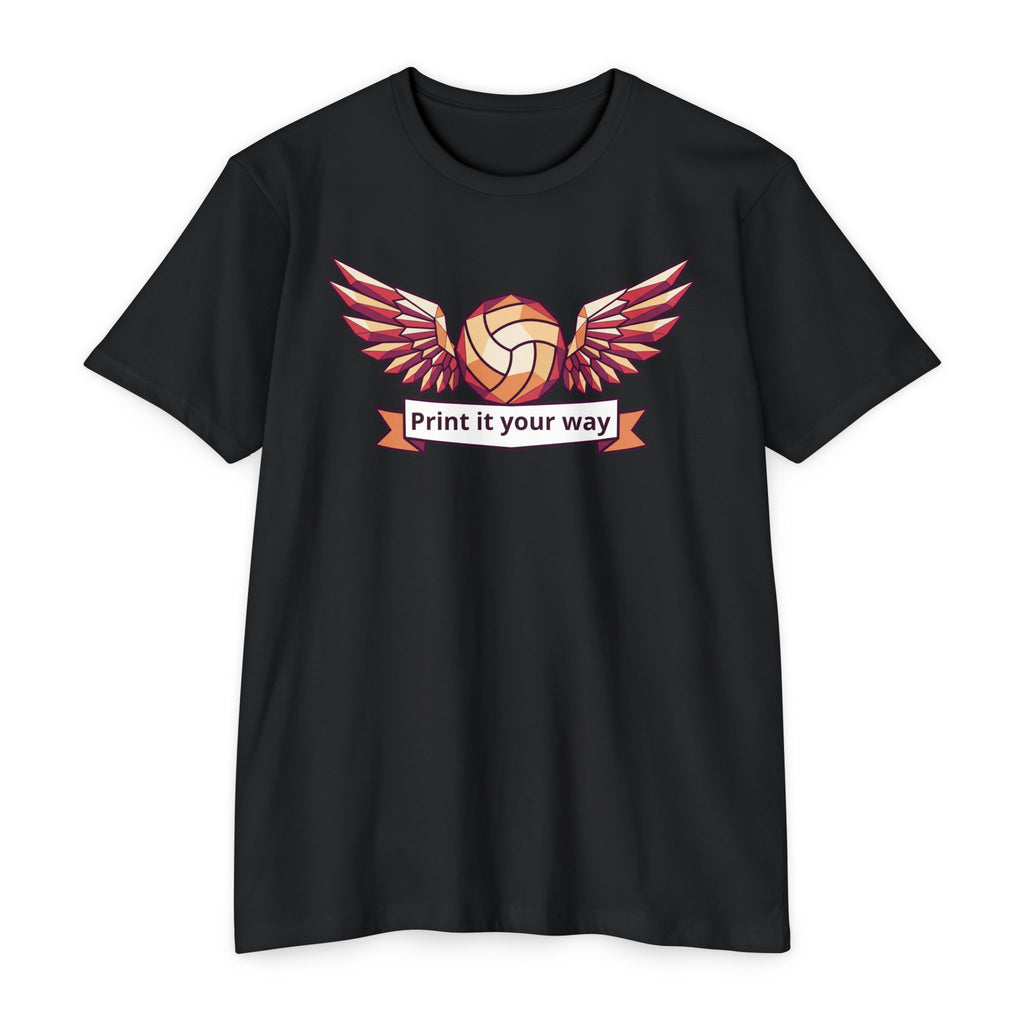 Black unisex volleyball graphic T-shirt with winged ball emblem on front