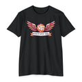Black unisex volleyball graphic T-shirt with winged ball emblem on front