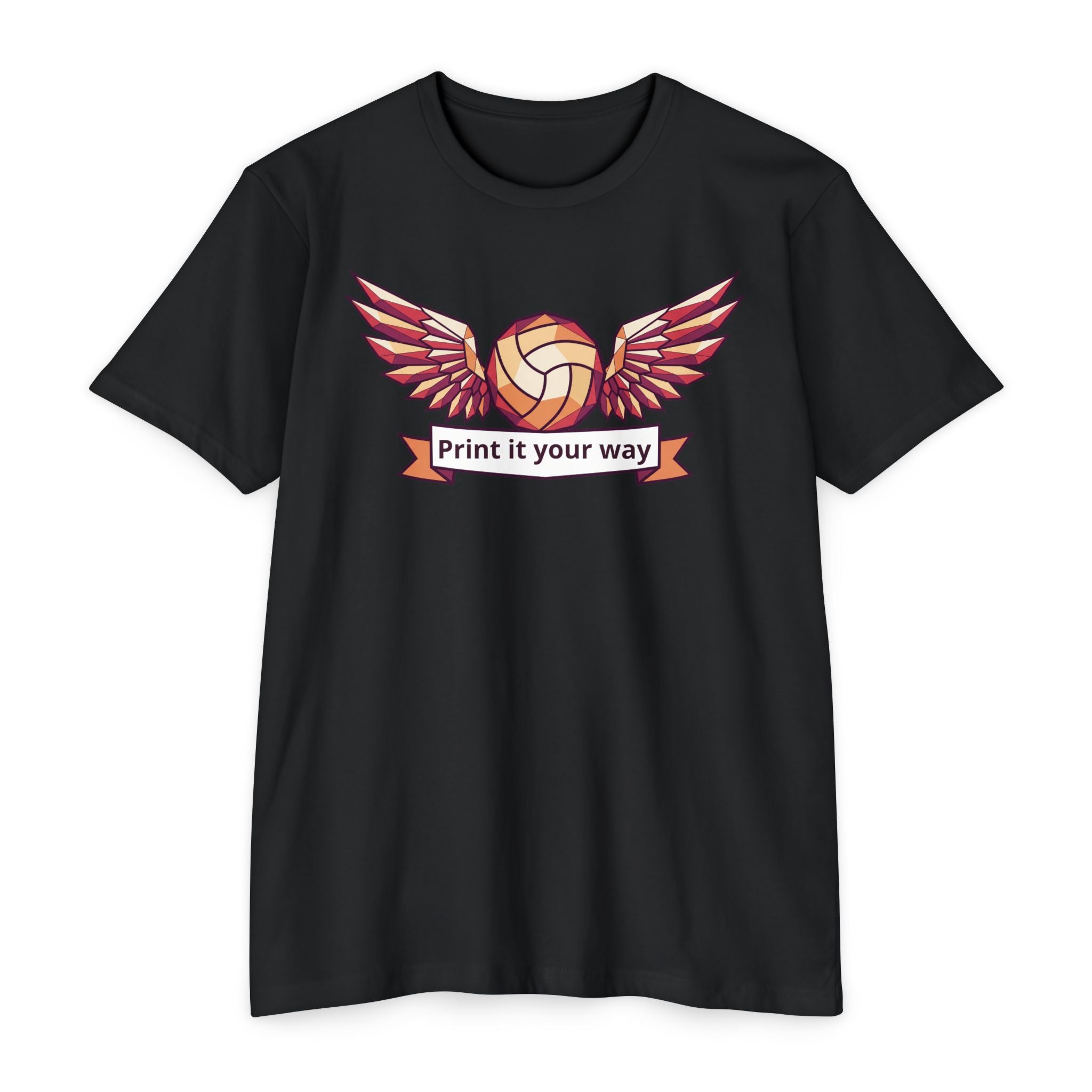 Black unisex volleyball graphic T-shirt with winged ball emblem on front