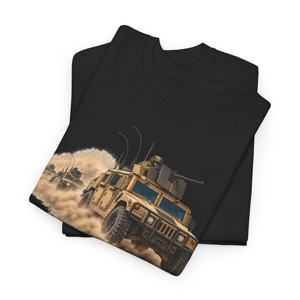 Black crewneck T-shirt with desert armored vehicle graphic