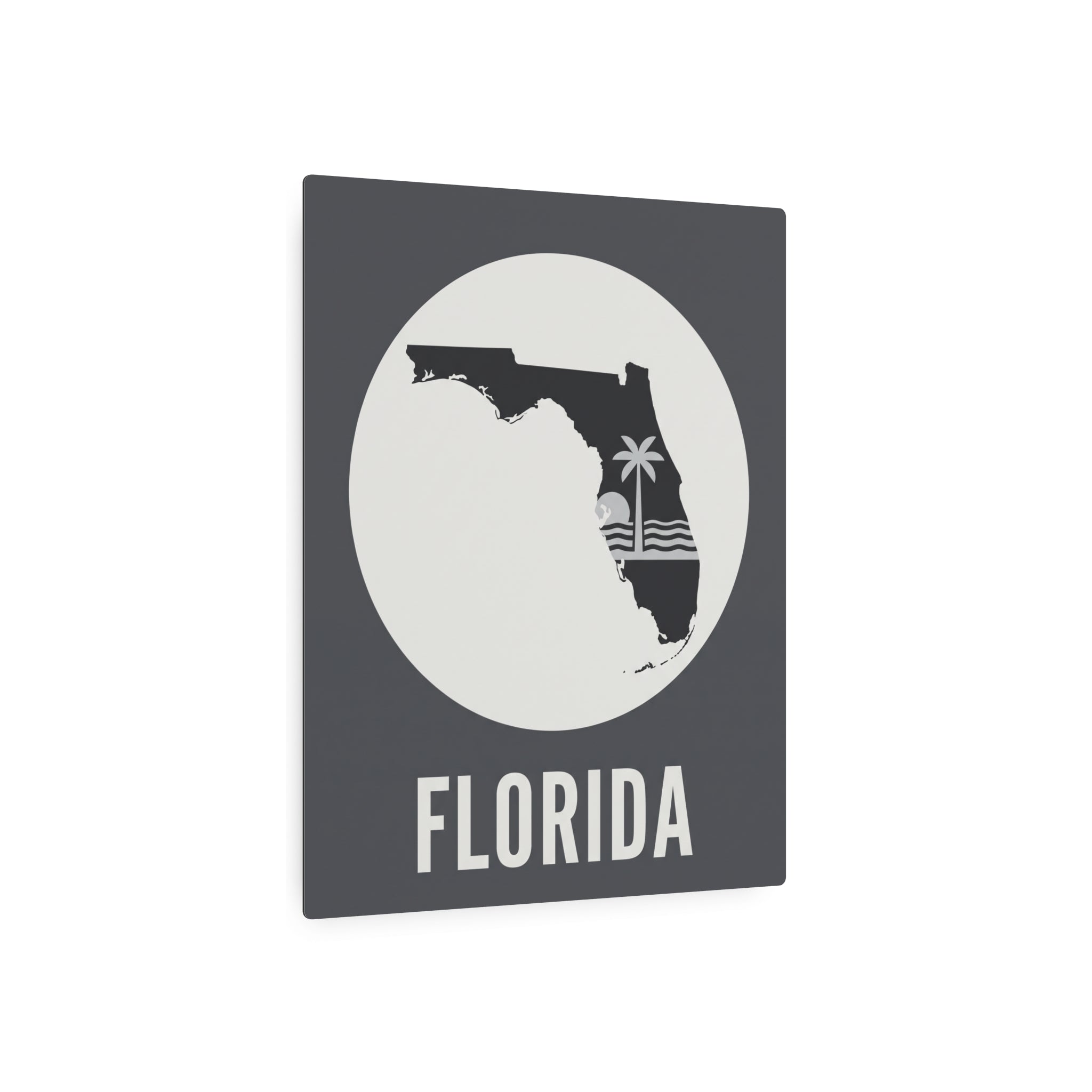 Square Florida silhouette metal wall art with palm tree motif and “FLORIDA” lettering
