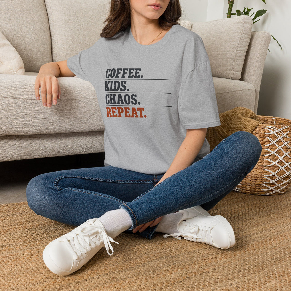 Heather gray T-shirt with “COFFEE. KIDS. CHAOS. REPEAT.” text graphic