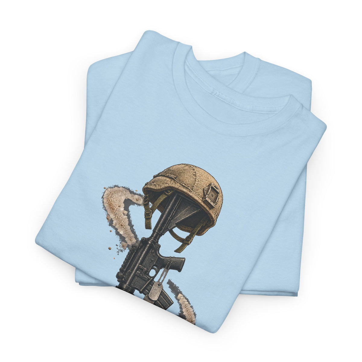 Light blue T-shirt with distressed soldier helmet and rifle graphic on front