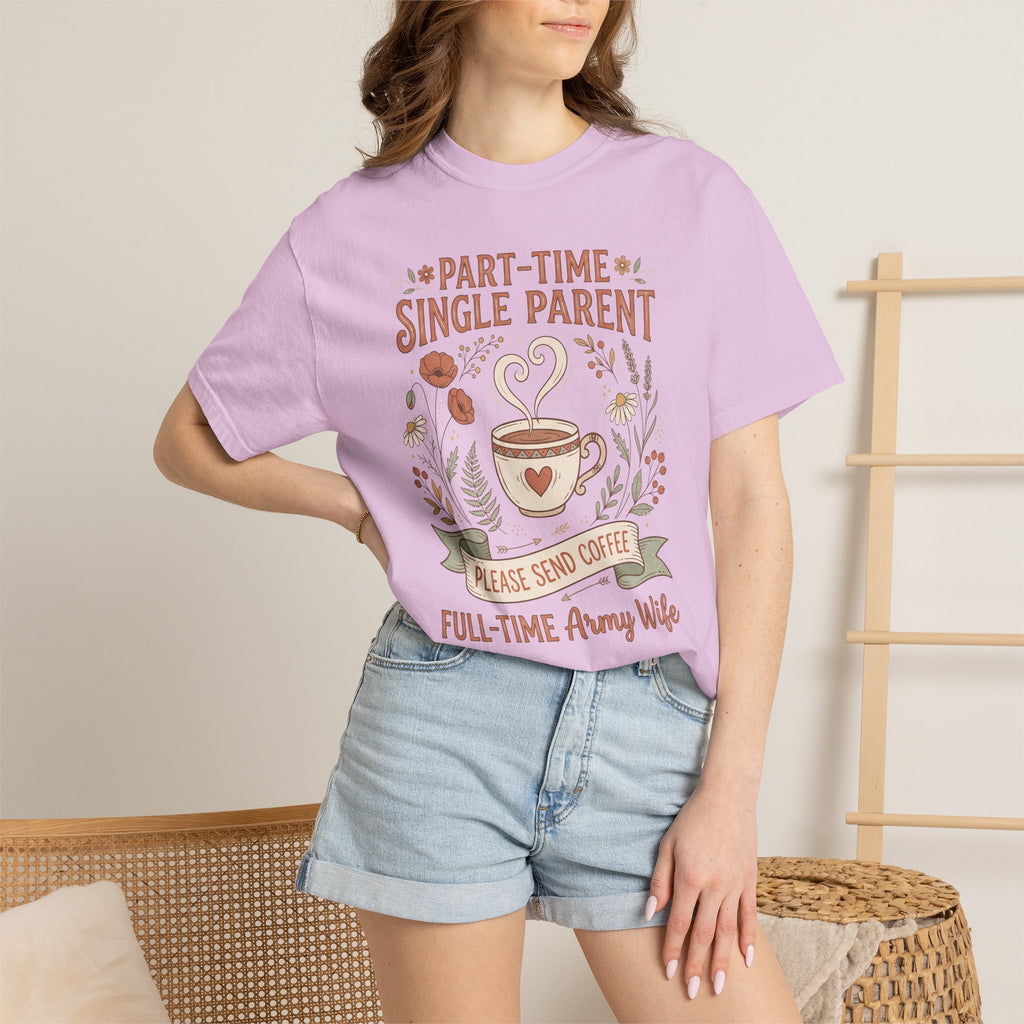 Lavender graphic T-shirt on model with “Part-Time Single Parent” coffee motif