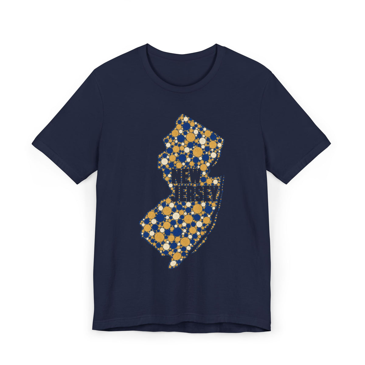 Navy t-shirt with colorful floral New Jersey outline graphic on the front