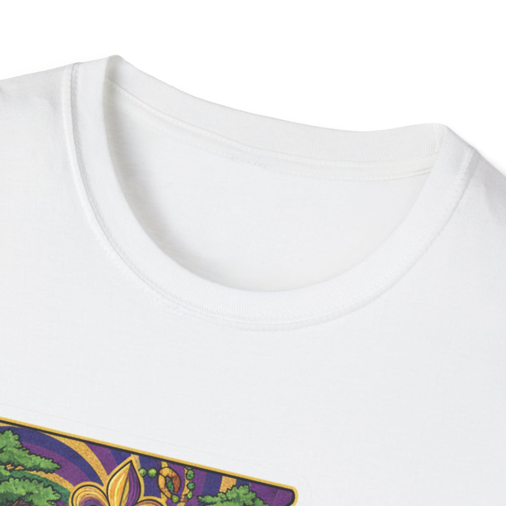 White T-shirt crew neck with partial Louisiana map Mardi Gras graphic