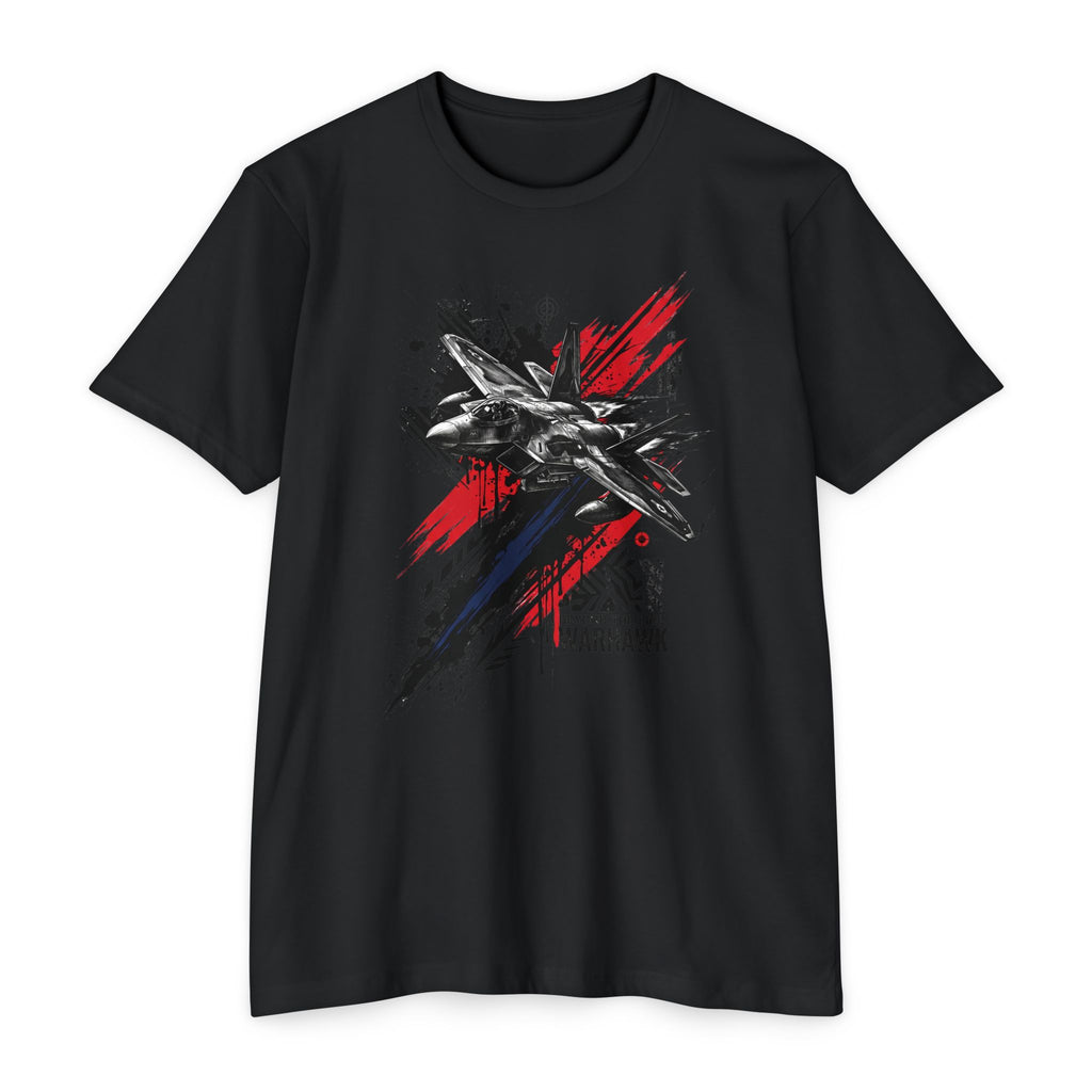 Crew neck T-shirt in black with warplane graffiti graphic in red, blue, and black.