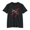 Crew neck T-shirt in black with warplane graffiti graphic in red, blue, and black.