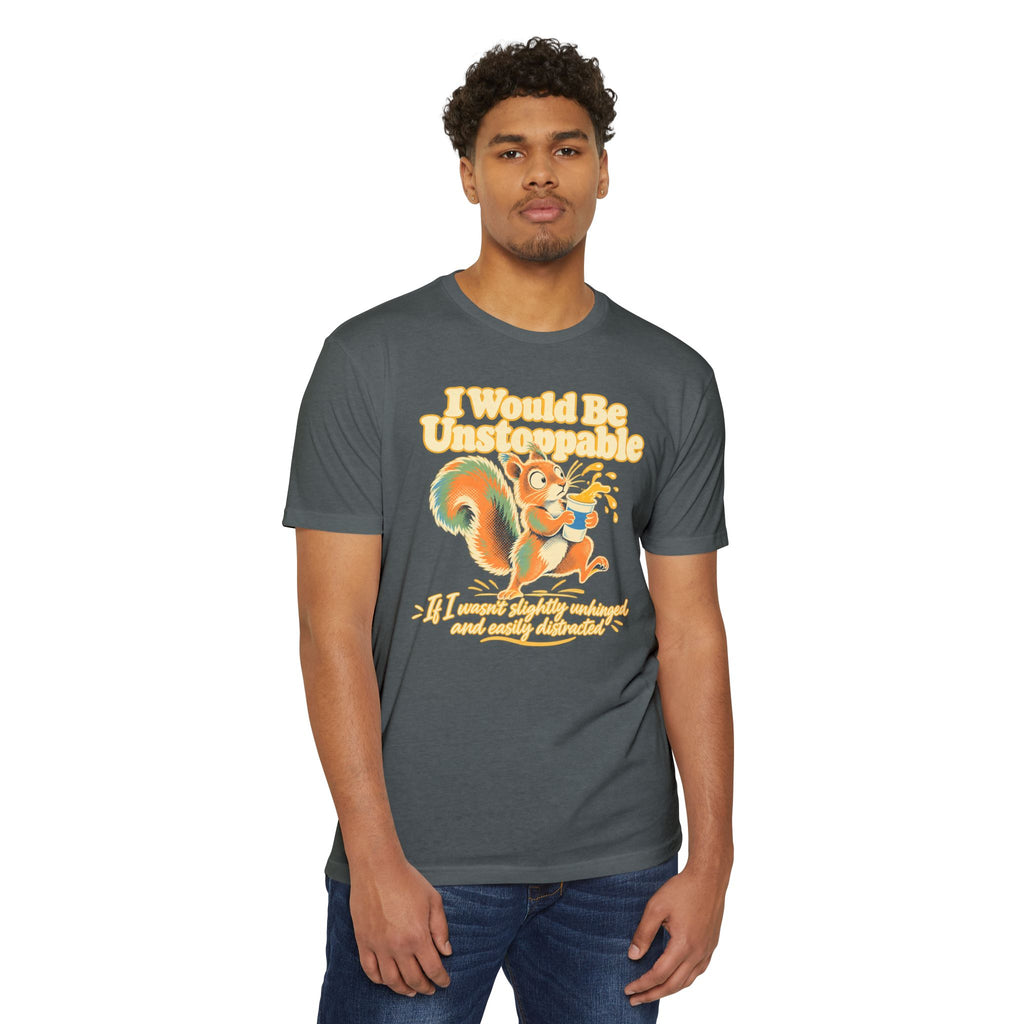 Graphic t-shirt, dark gray, squirrel illustration with humorous text on front