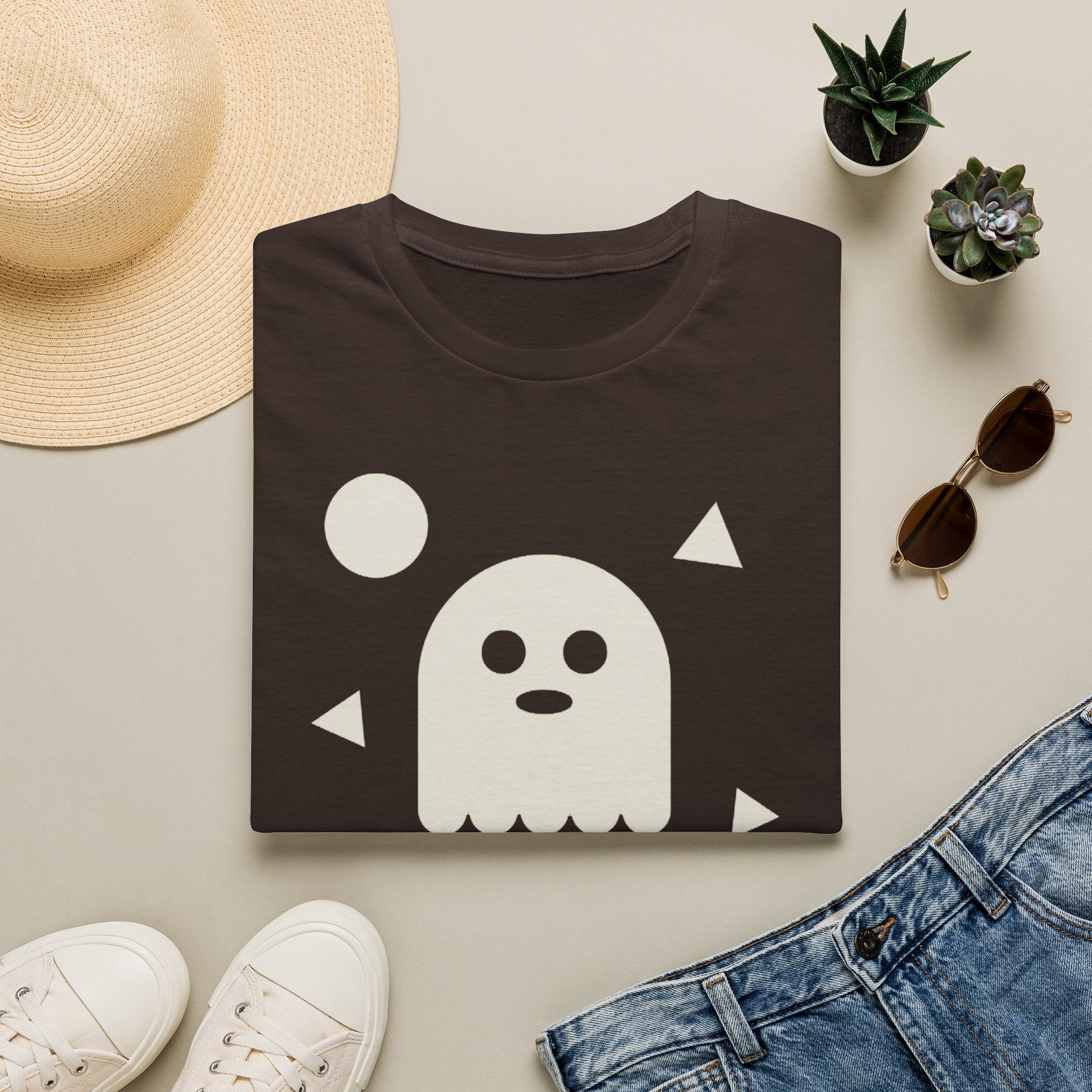 Dark brown Halloween ghost graphic T-shirt with BOO text and smiling face