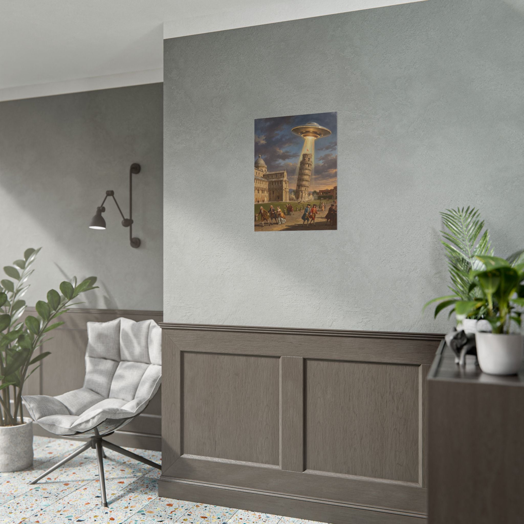 UFO and Leaning Tower poster displayed on wall above bench in living room setting