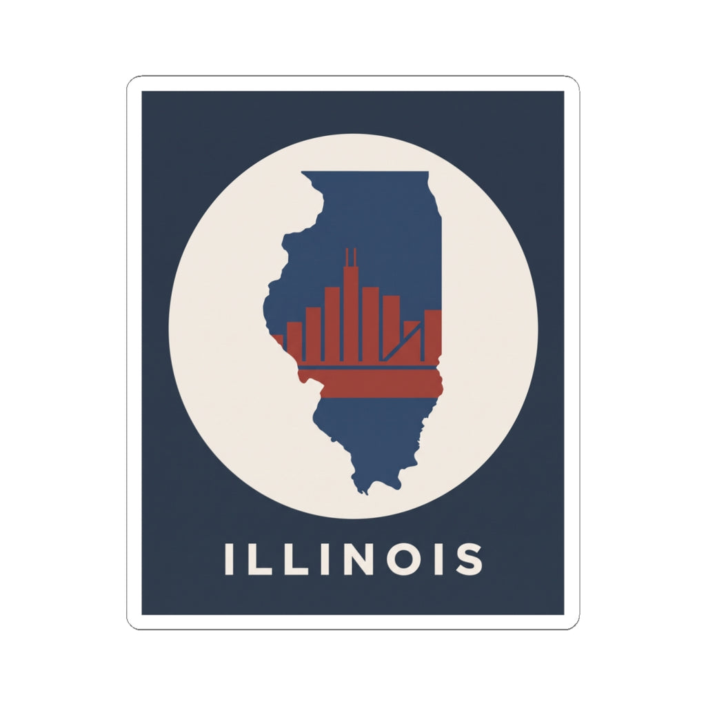 Square kiss-cut Illinois sticker showing navy state silhouette, red skyline bars, and ILLINOIS