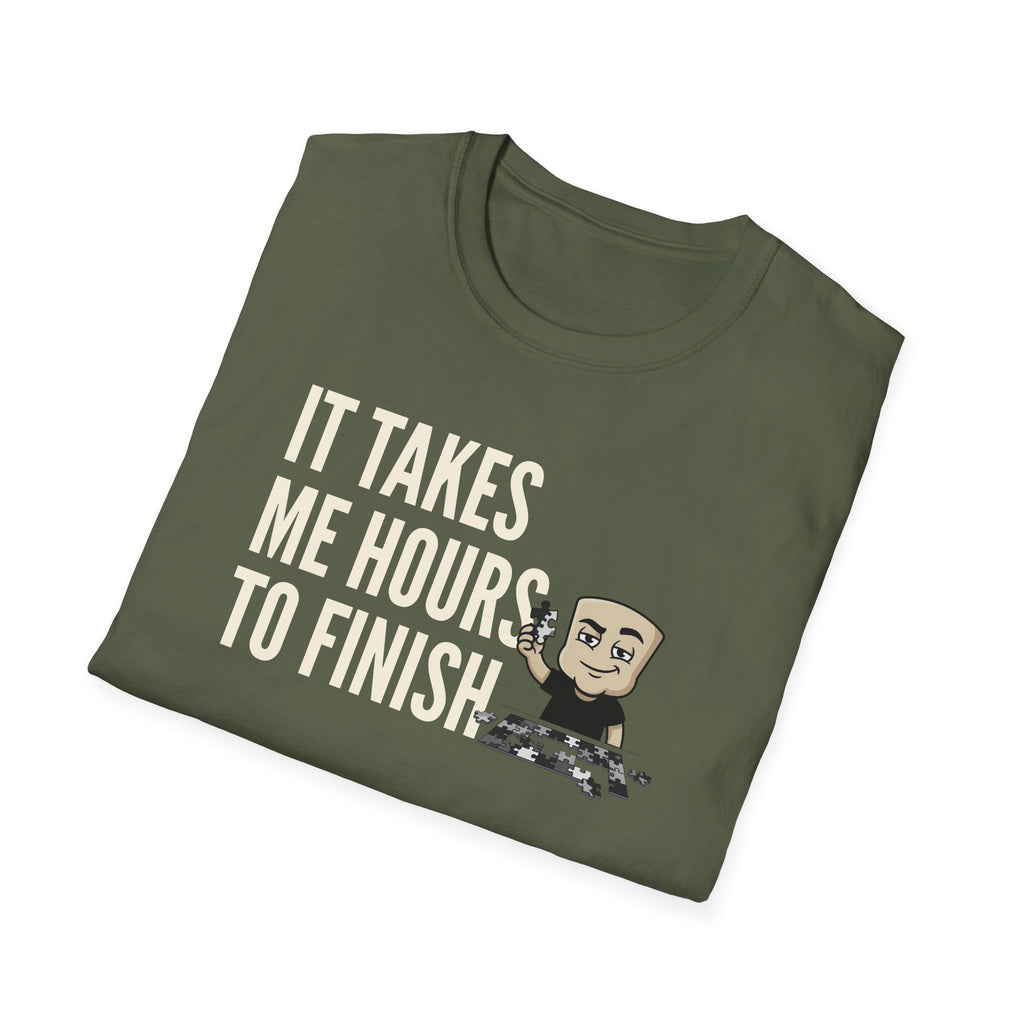 Olive green T-shirt with puzzle quote graphic