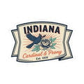 Kiss-cut vinyl sticker of an Indiana badge with cardinal, peony blooms, and Est. 1816.