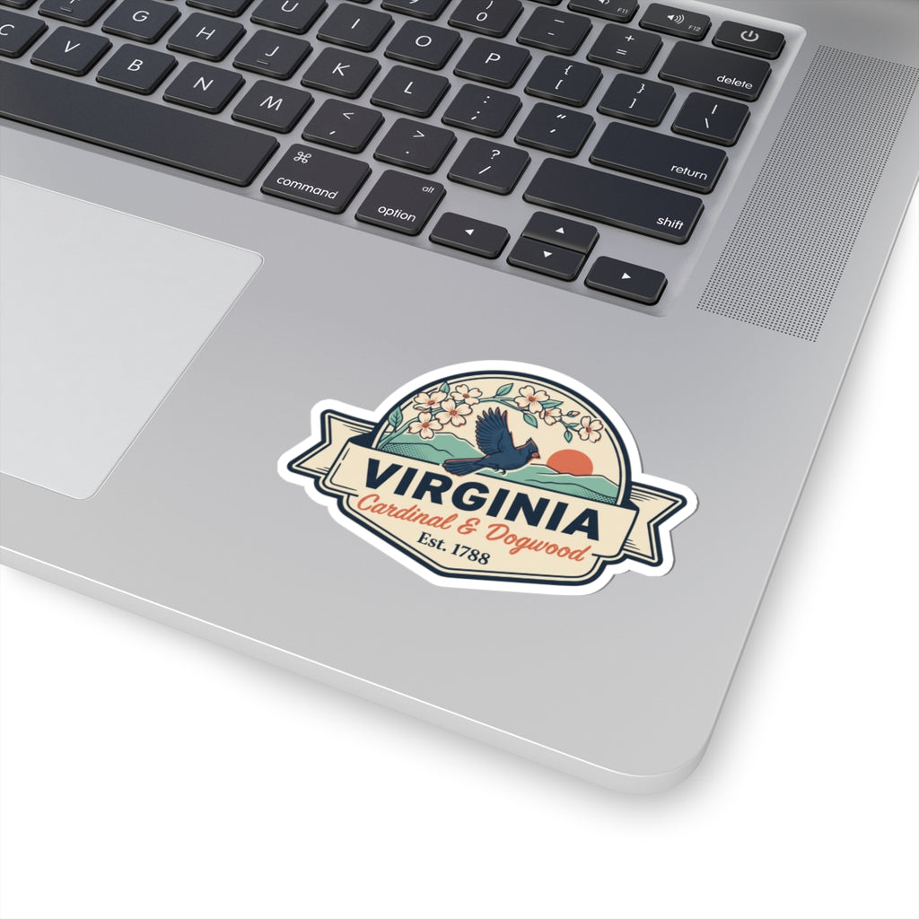 Virginia badge vinyl sticker with cardinal and dogwood flowers, Est. 1788