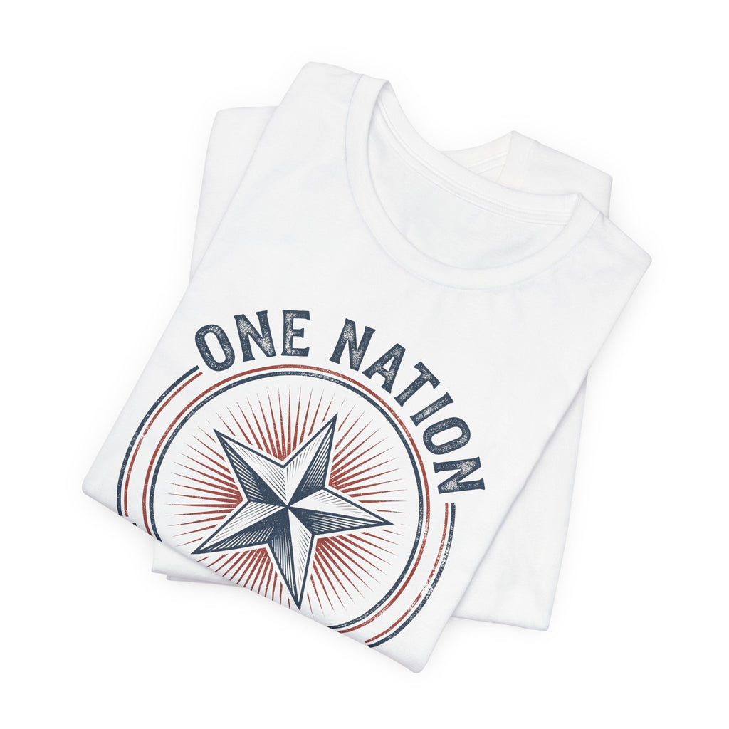 White short-sleeve T-shirt with circular star graphic, 'ONE NATION'