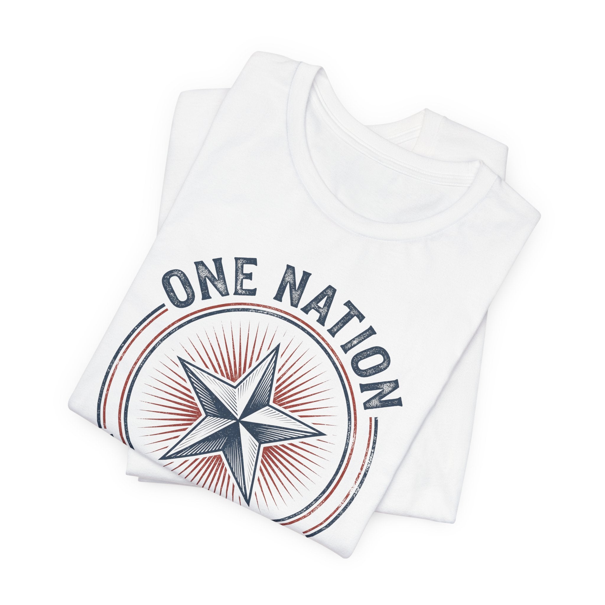 White short-sleeve T-shirt with circular star graphic, 'ONE NATION'
