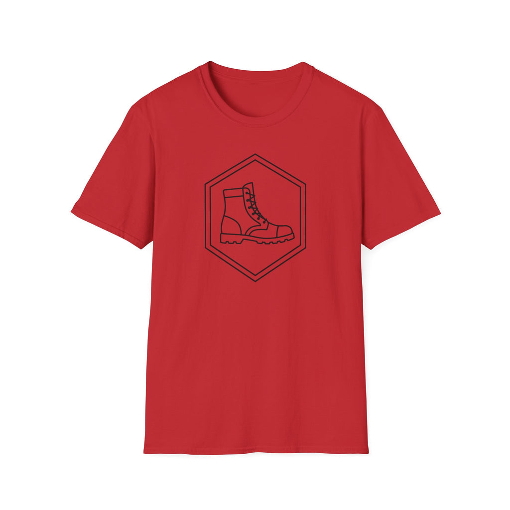 Red T-shirt with a diamond emblem and boot illustration on the front.