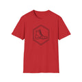 Red T-shirt with a diamond emblem and boot illustration on the front.