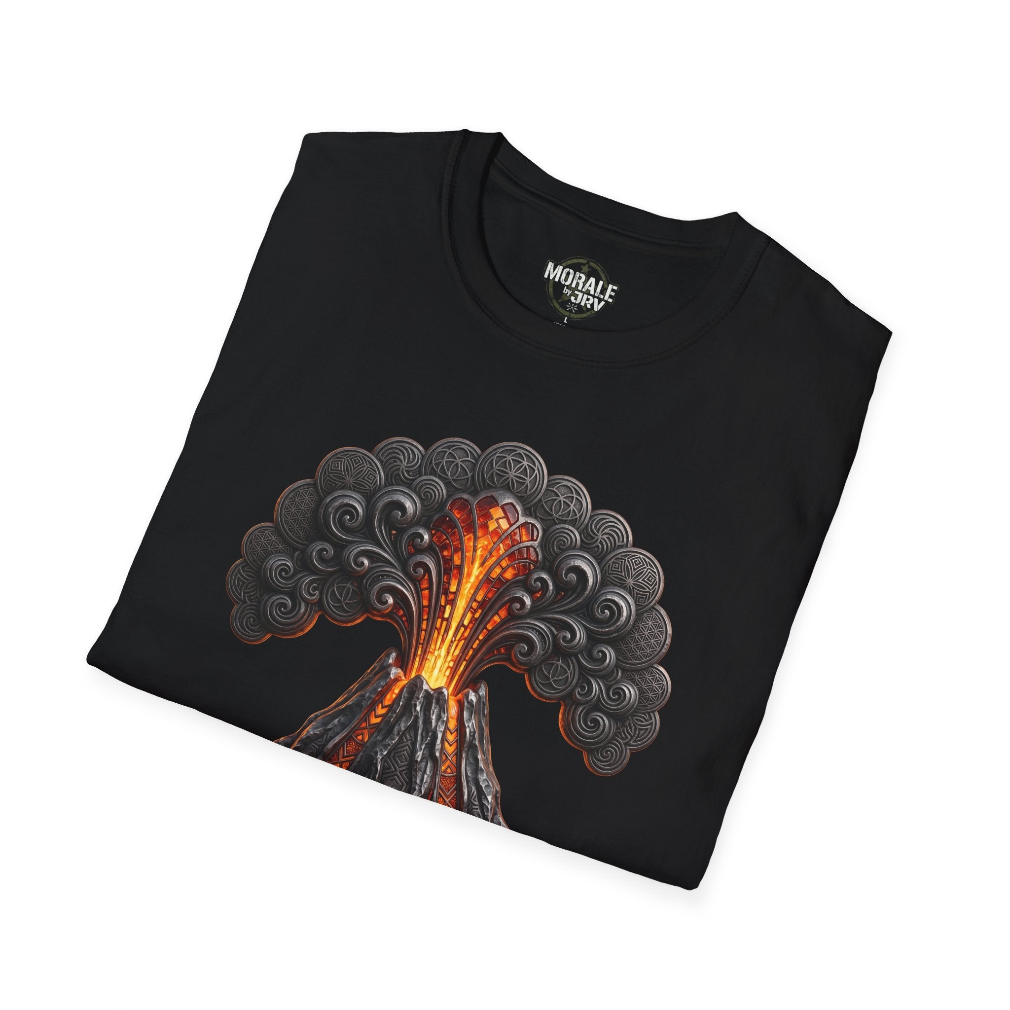 Black volcano eruption T-shirt with lava, smoke and swirling pattern art
