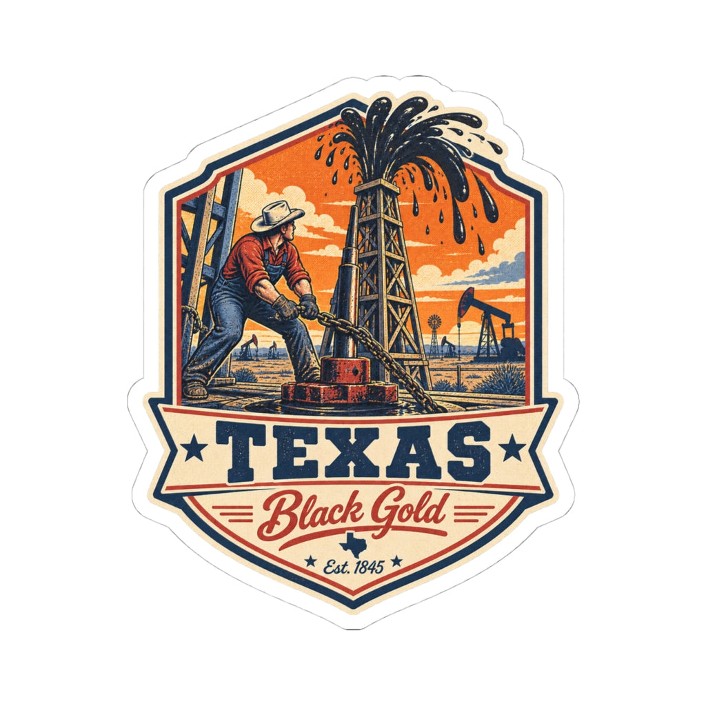 Texas Black Gold oil derrick sticker, orange explosion graphic and Texas text