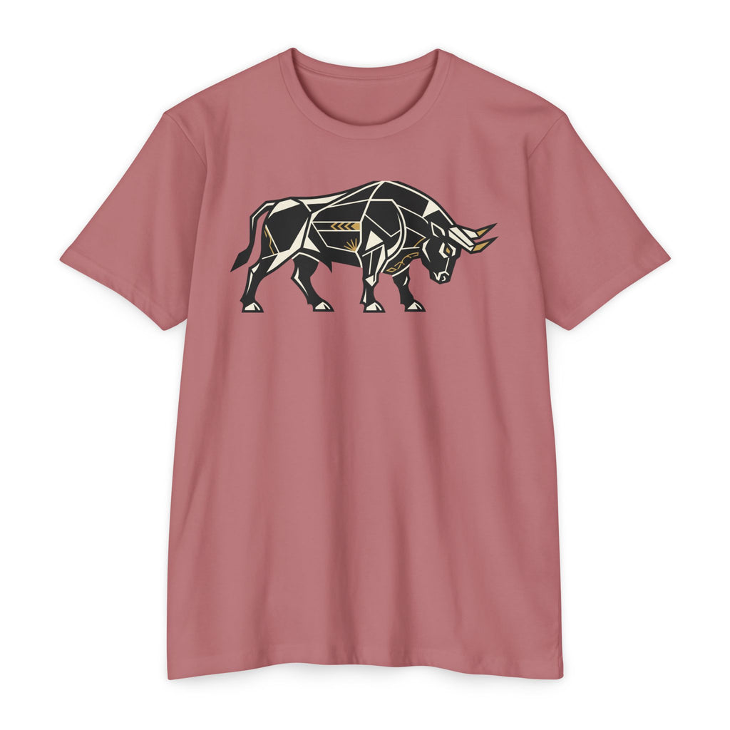 Bull graphic T-shirt, dusty rose pink, geometric charging bull illustration on front