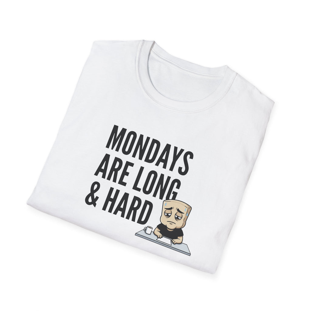 White T-shirt with “Mondays are long & hard” coffee mug graphic