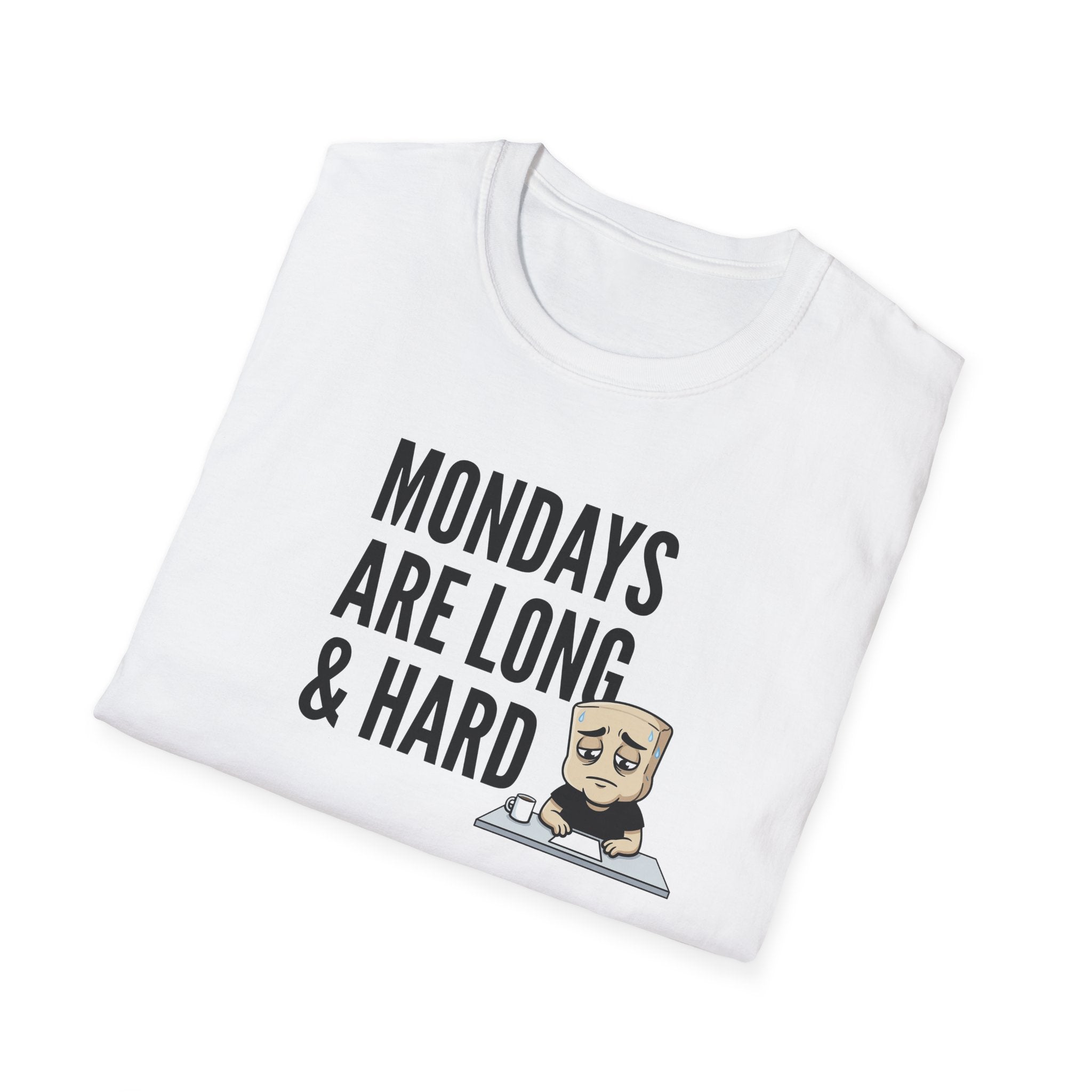 White T-shirt with “Mondays are long & hard” coffee mug graphic