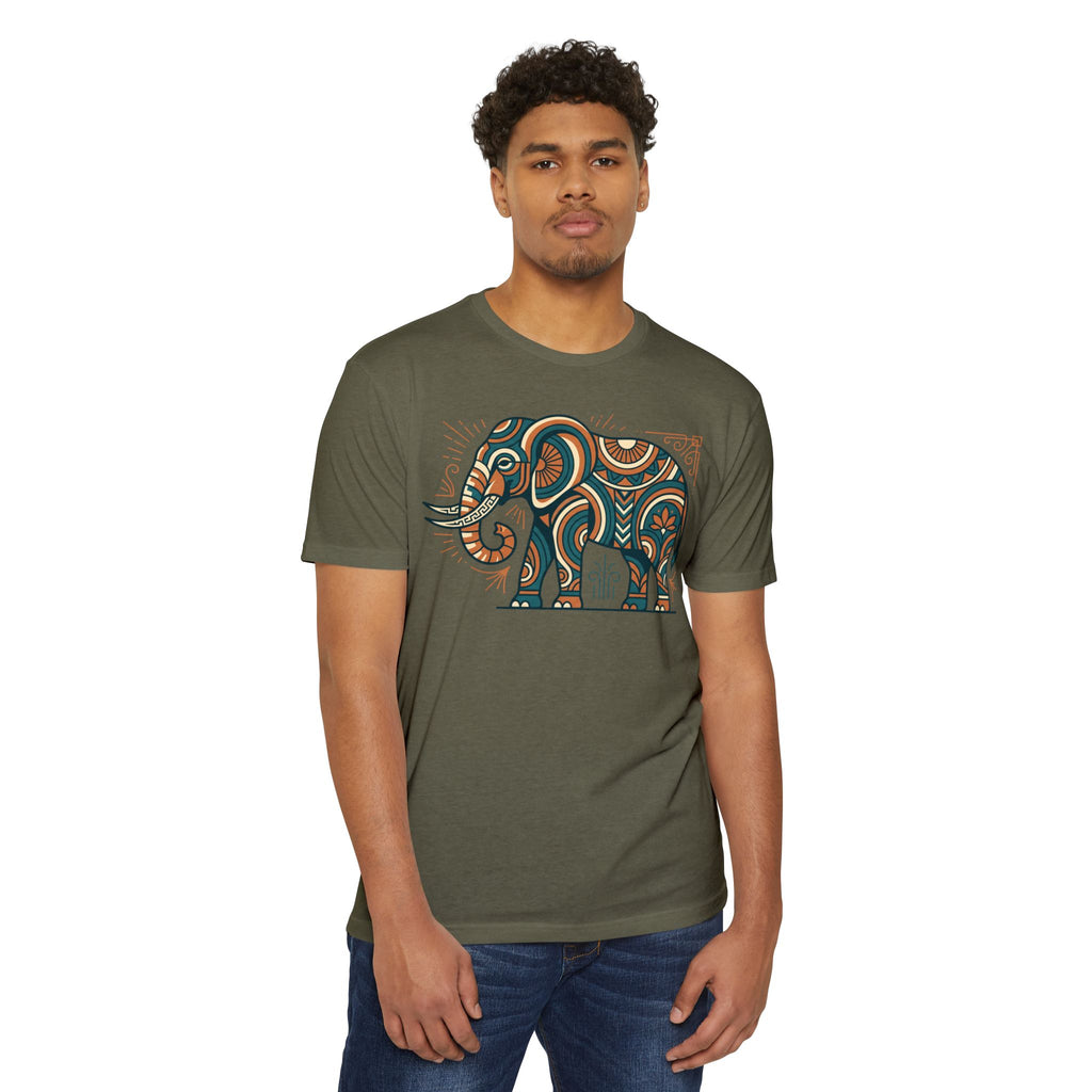 Men's graphic T-shirt in dark green with multicolor elephant paisley panel on front