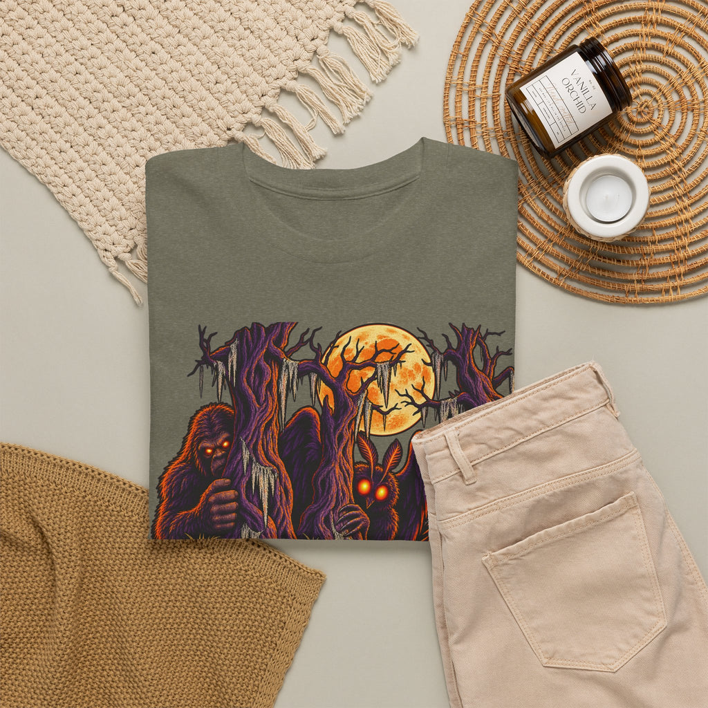 Dark olive green T-shirt with haunted monster and glowing moon graphic, crew neck.