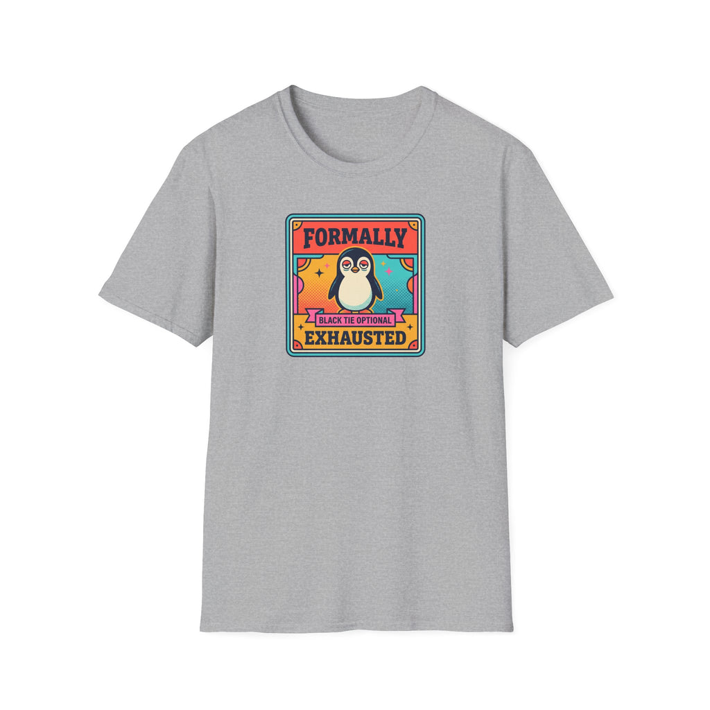 Heather gray T-shirt with penguin badge graphic on chest