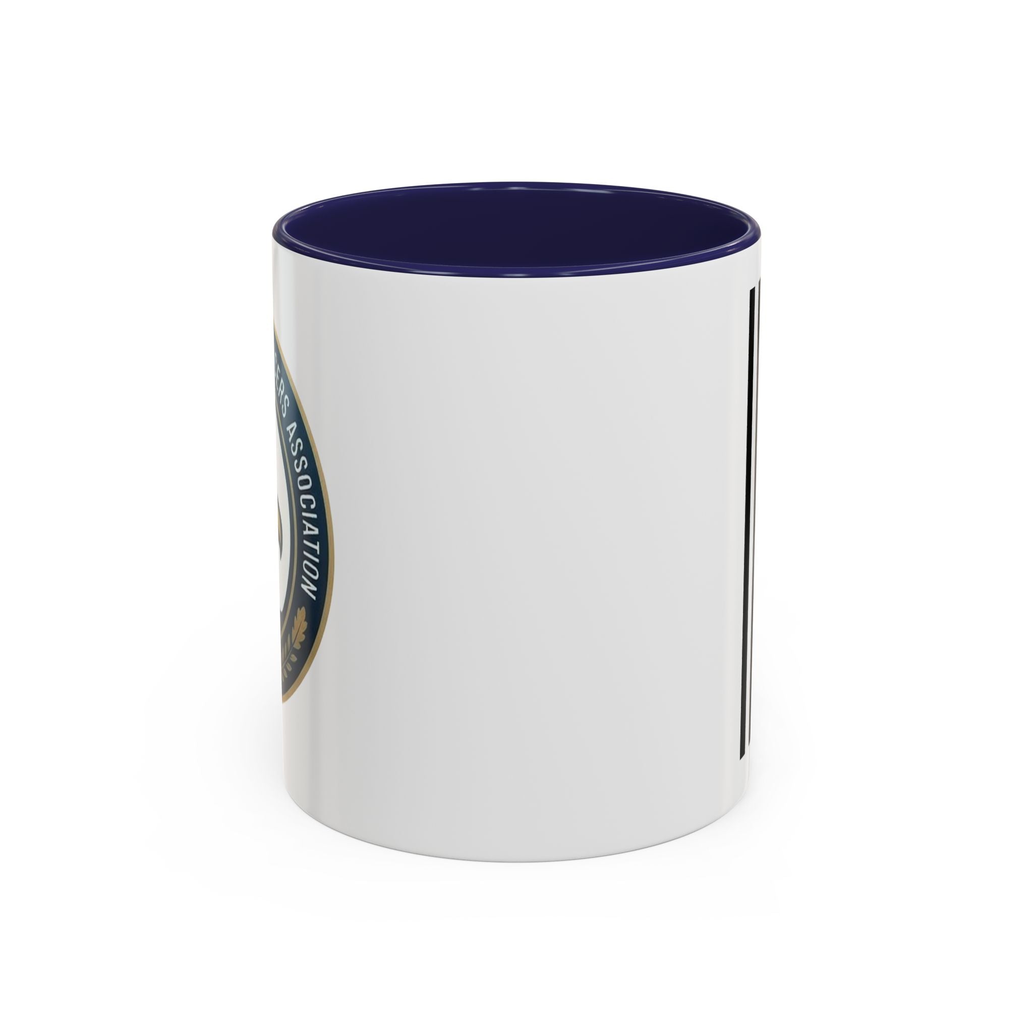White coffee mug with navy rim, showing side view with partial printed design panel.