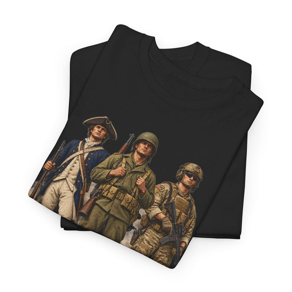 Black crewneck T-shirt with vintage soldiers graphic front print.