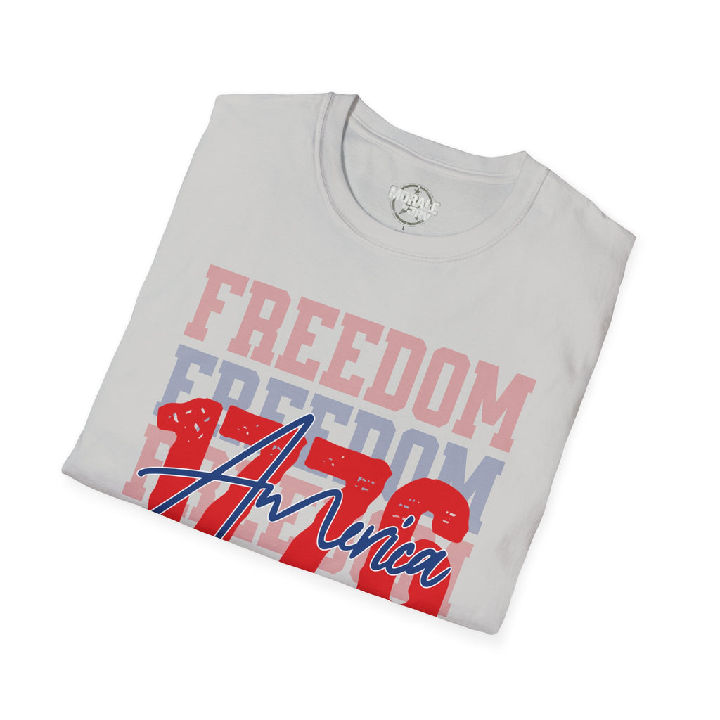 Light gray Freedom T-shirt folded with large “Freedom Unica” graphic across chest