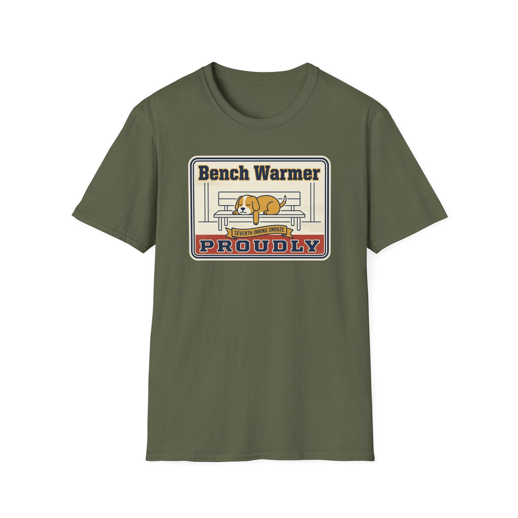 Military green T-shirt with “Bench Warmer Proudly” dog-on-bench graphic on front