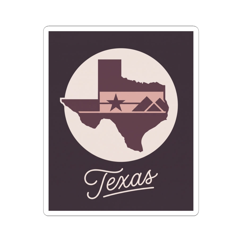Texas emblem square sticker: circular Texas map, star banner, and cursive "Texas"