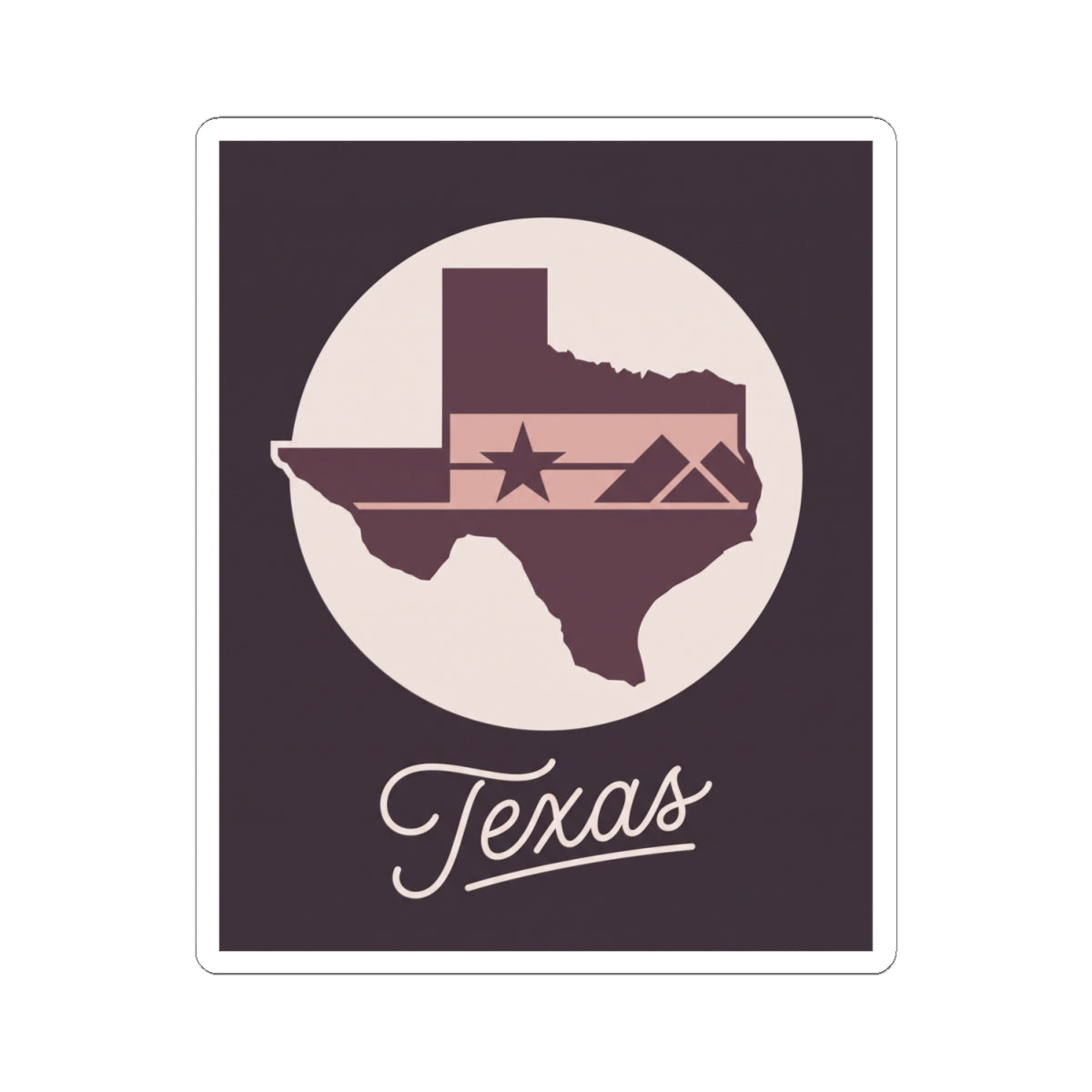Texas emblem square sticker: circular Texas map, star banner, and cursive "Texas"