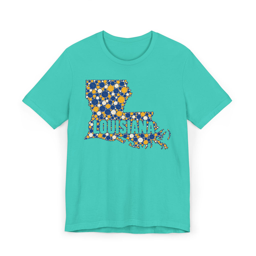 Louisiana State Shape Floral T-Shirt | Blue and Gold Louisiana Outline Graphic Tee