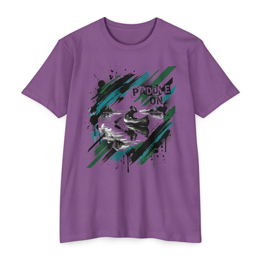 Purple short-sleeve T-shirt with “PADDLE ON” kayak graphic on the front