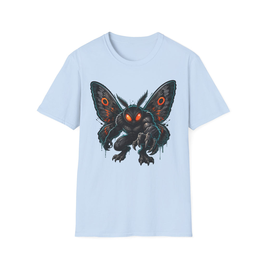 Light blue monster moth graphic T-shirt with glowing eyes front print