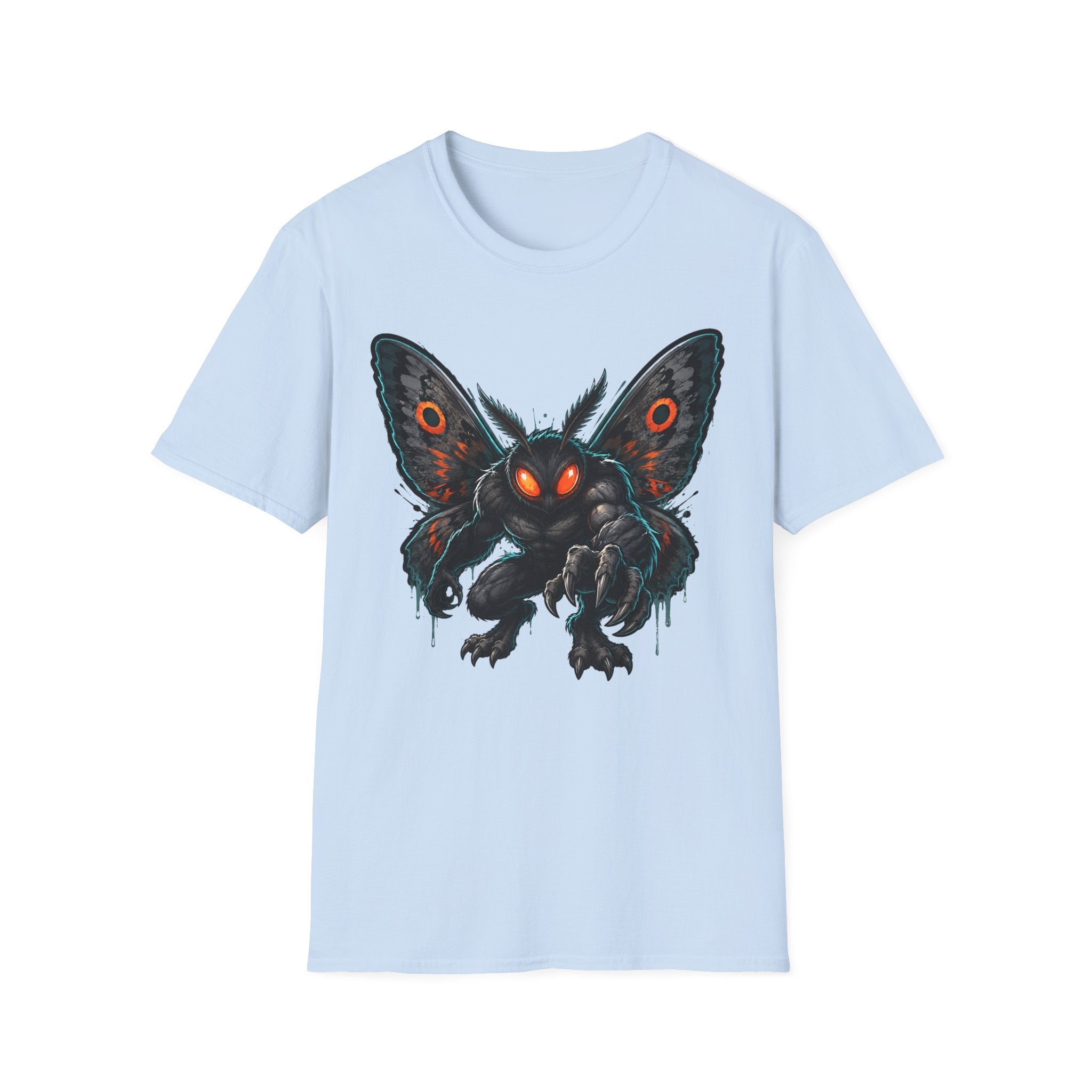 Light blue monster moth graphic T-shirt with glowing eyes front print