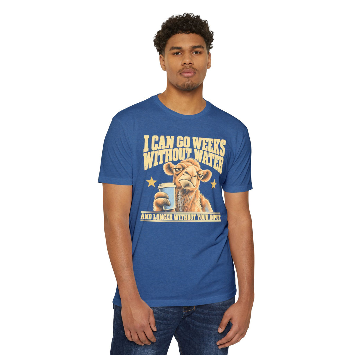 Light blue crew-neck short-sleeve t-shirt with camel water joke graphic on front