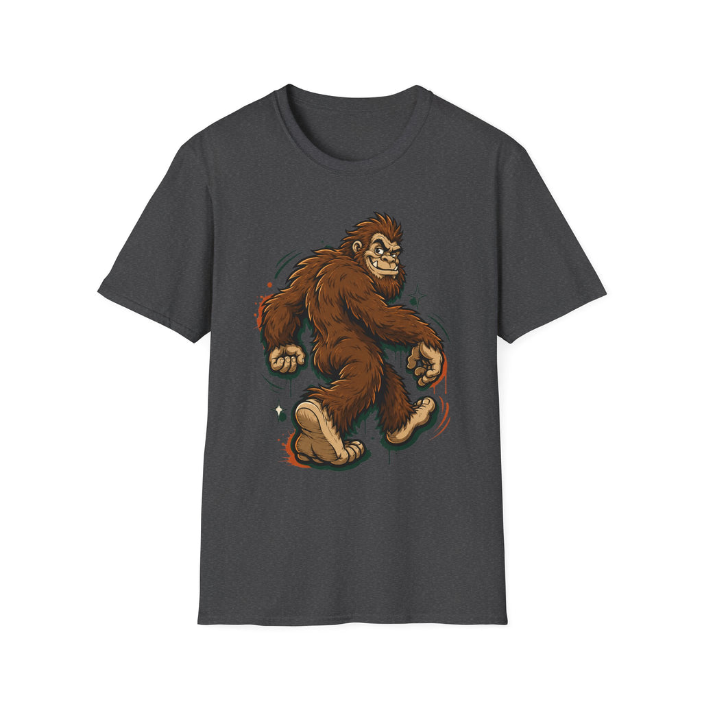 Dark gray sasquatch graphic t-shirt, smirking bigfoot cartoon on front