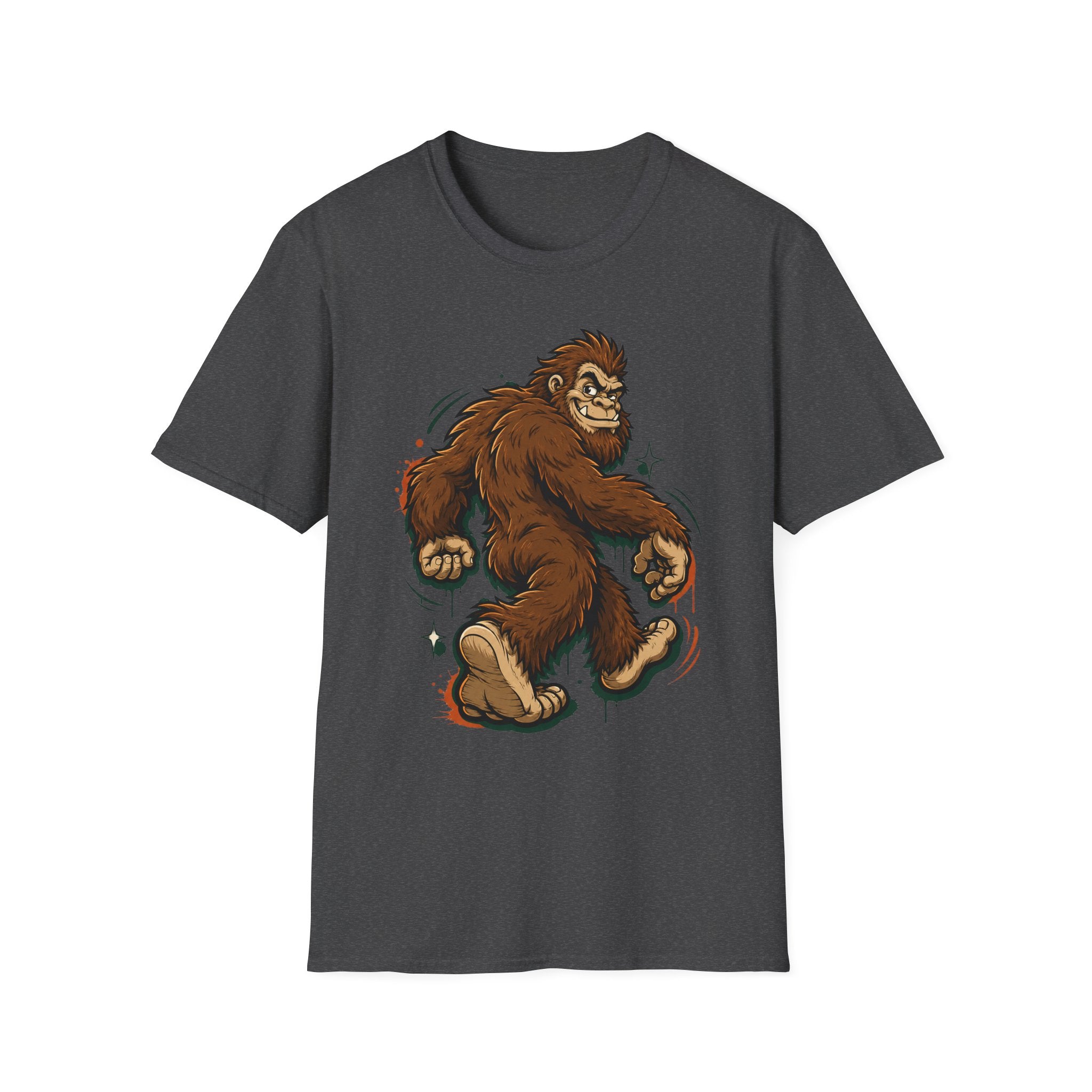 Dark gray sasquatch graphic t-shirt, smirking bigfoot cartoon on front