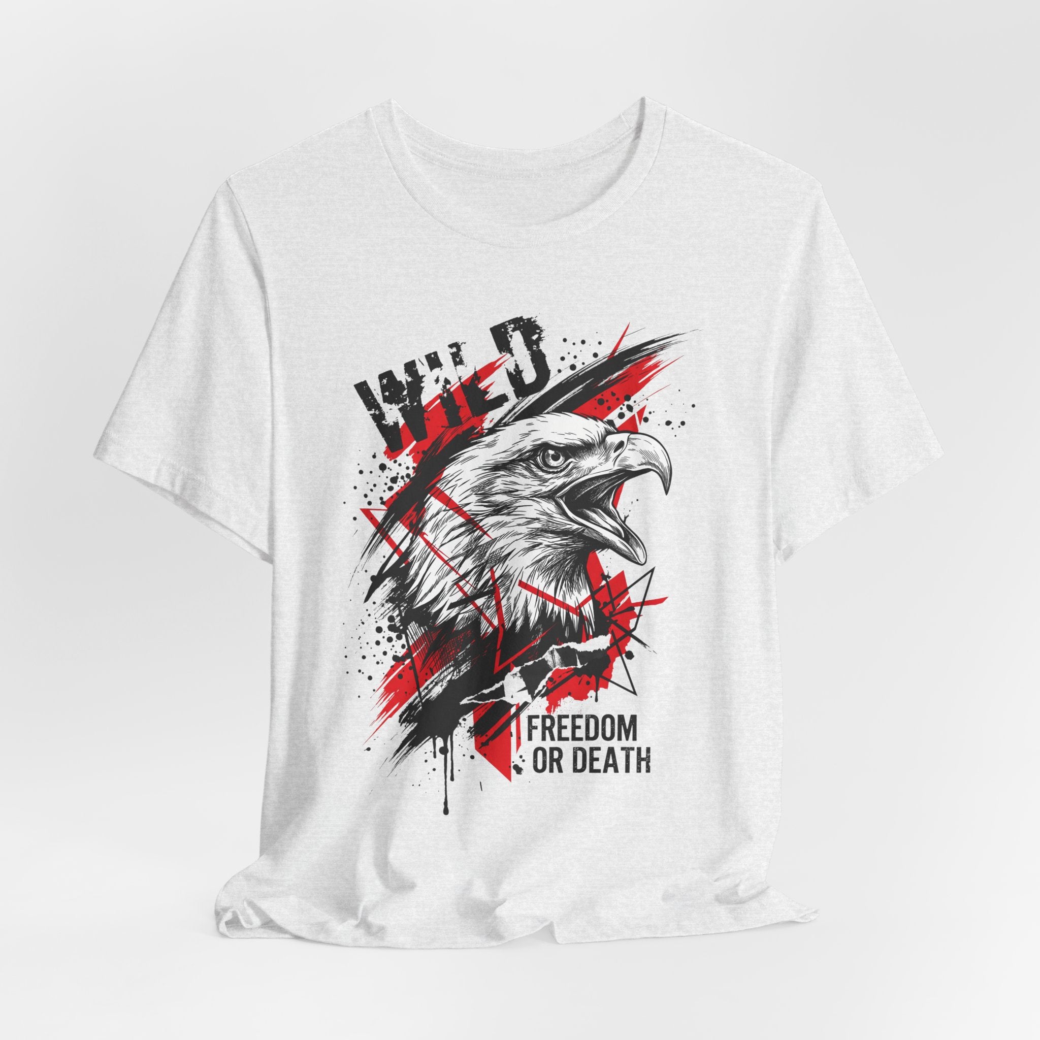 White t-shirt with distressed eagle head graphic and red "Freedom or Death" text