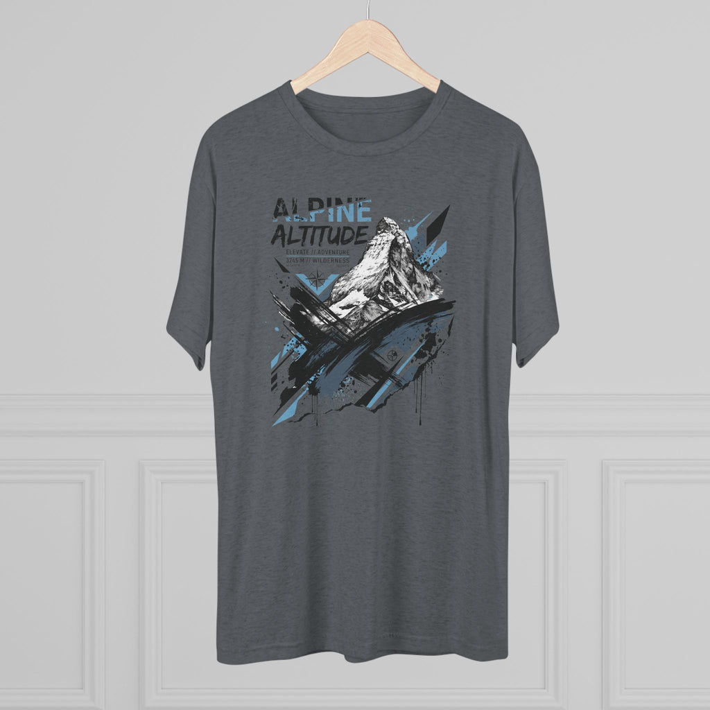 Graphic hiking T-shirt in blue heather gray, front with mountain peak illustration