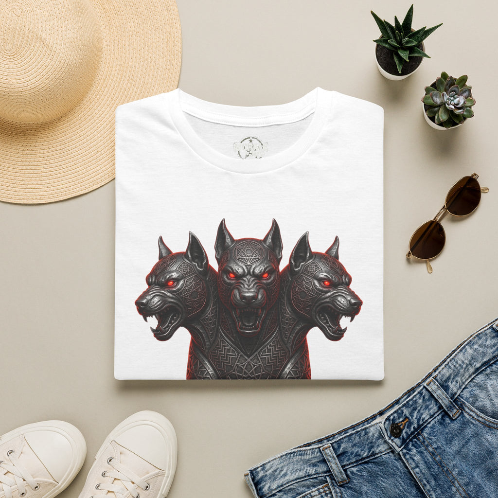 White t-shirt with three-headed Cerberus graphic in red and dark gray