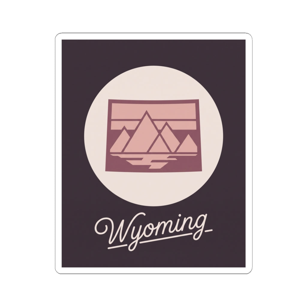 Wyoming kiss-cut sticker with pink mountain illustration and cursive “Wyoming” text