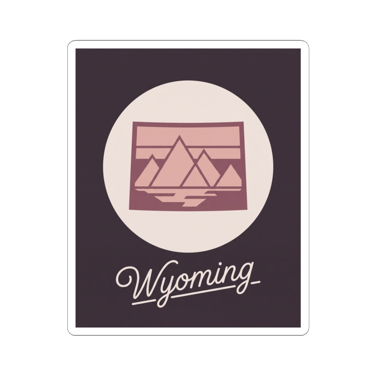 Wyoming kiss-cut sticker with pink mountain illustration and cursive “Wyoming” text